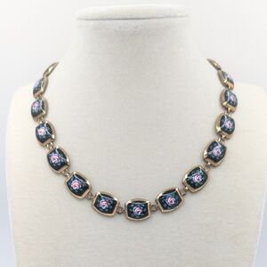 Vintage Black Enamel Painted Rose Flower Brass Necklace
